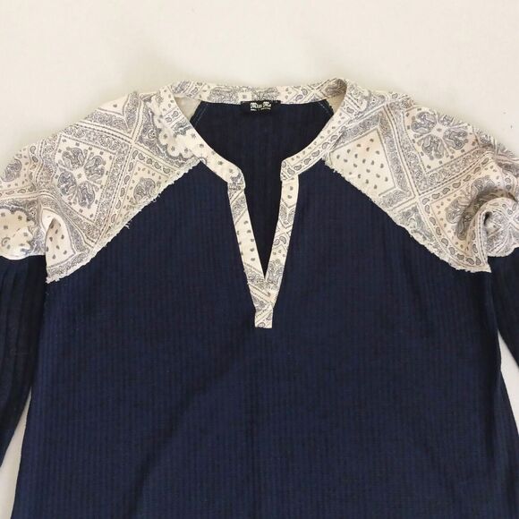 Miss Me Pieced Paisley Navy Ribbed Knit V Neck Top Oversized Raw Hem Sz S - Picture 5 of 10